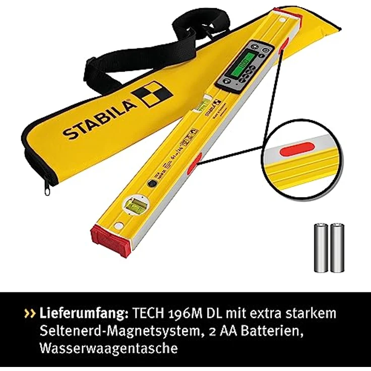 STABILA Elektronik-Wasserwaage TECH 196M DL - digitale Wasserwaage wasser- und staubdicht nach IP 67, 2 Digital-Displays, kalibrationsfrei mit Tasche, 61 cm – Bild 2
