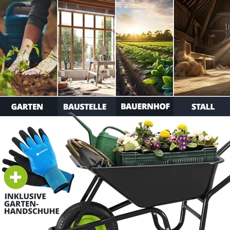 Juskys Schubkarre Garden, 100L, bis 210 kg, Luftreifen, verzinkte Wanne, inkl. Handschuhe, Schwarz/Grün – Bild 4
