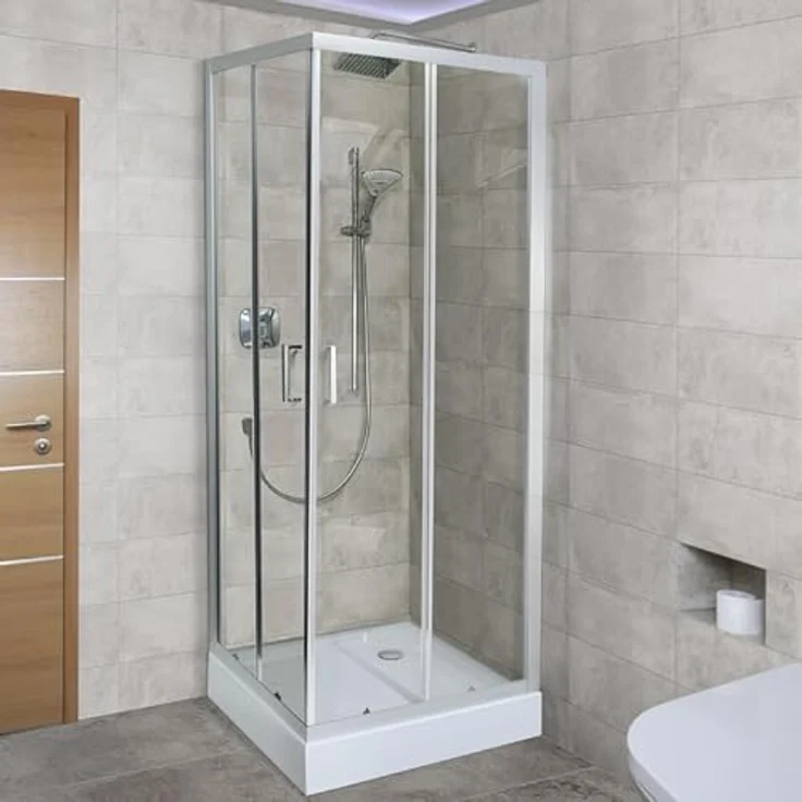 Belvit® Duschkabine Eckdusche 90x90x200 cm, Schiebetüren mit 4 mm ESG Klarglas, verchromte Profile, Antikalk Nano Beschichtung, inkl. Duschwanne und Siphon – Bild 4
