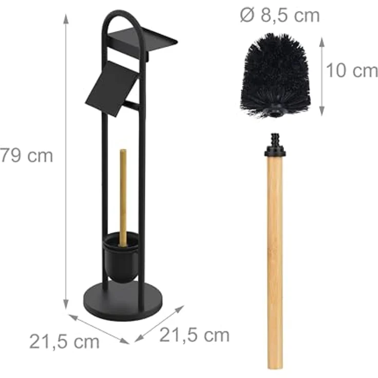 Relaxdays WC-Garnitur, Rollenhalter mit Ablage & Bürstenhalter, freistehend aus Eisen und Bambus, schwarz/Natur, HxBxT: 79 x 21,5 x 21,5 cm – Bild 4