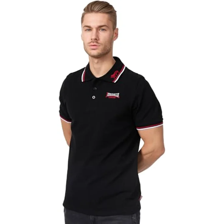 Lonsdale Poloshirt Lion, Arbeitsshirt mit farblich abgesetzten Stickereien und gestreiften Bündchen – Bild 2
