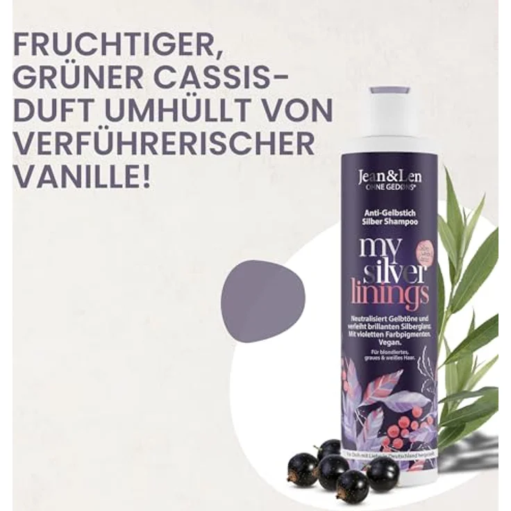 Jean & Len Silbershampoo Silberweide & Cassis, vegane Pflegeformel für graues, blondes, blondiertes & weißes Haar, mit violetten Pigmenten und Anti-Gelbstich-Effekt, 300 ml – Bild 3