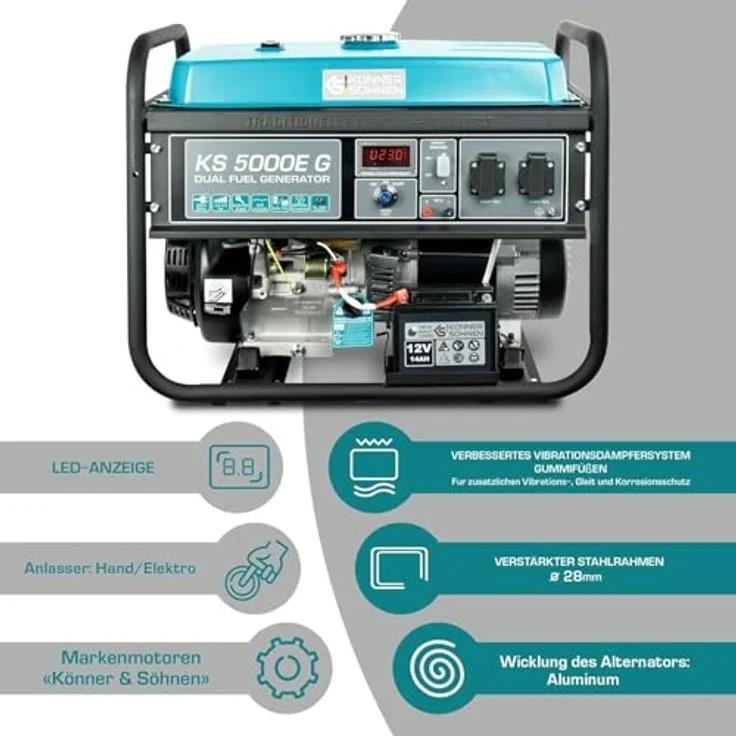 Könner & Söhnen KS 5000E G, 4500 W Gas- und Benzin-Generator mit Elektro- und Handstart, inkl. 2 Druckminderern, 25 L Tank, lange Laufzeit 17 Std. – Bild 3