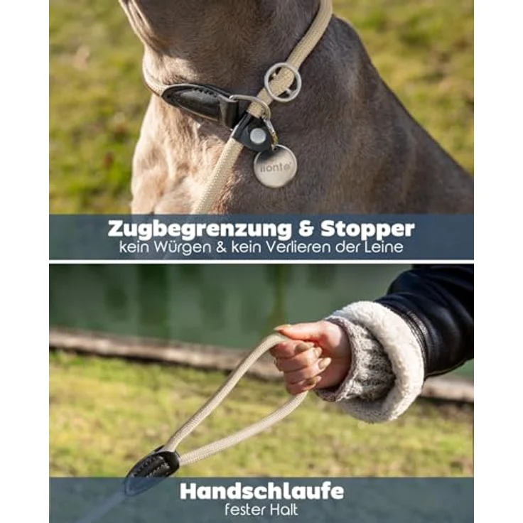 lionto Retrieverleine, wetterfest und robust, 120 cm, schnell anzulegende Leine und Halsband in Einem, vegan, beige mit Zugstopp – Bild 3