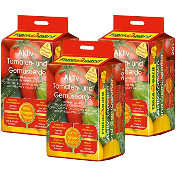 Floragard Aktiv-Tomaten- und Gemüseerde 3x20 L • hochwertige Spezialerde • mit 6-Monate-Langzeitdünger • für Tomaten, Chili, Zucchini, Gurken und anderes Gemüse • 60 L