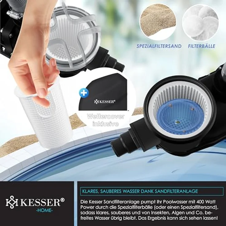 KESSER Sandfilteranlage Sandfilter + 700g Filterbälle ersetzen 25kg Filtersand 7-Wege Ventil mit Druckanzeige Poolfilter 10 m³-h Filteranlage Filterkessel für Pool Schwimmbecken 10.200 L-h Grau – Bild 4