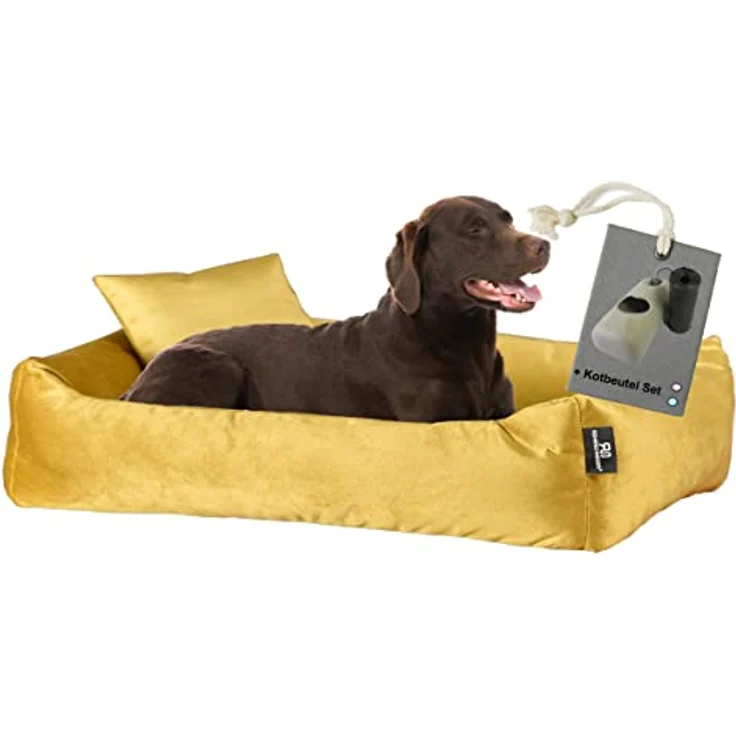 Rohrschneider Hundebett Kuschelsofa Hund Weich + Hundekotbeutelset (L, Senf) - Nestcharakter, langlebig, Trendfarbe Senf – Bild 1