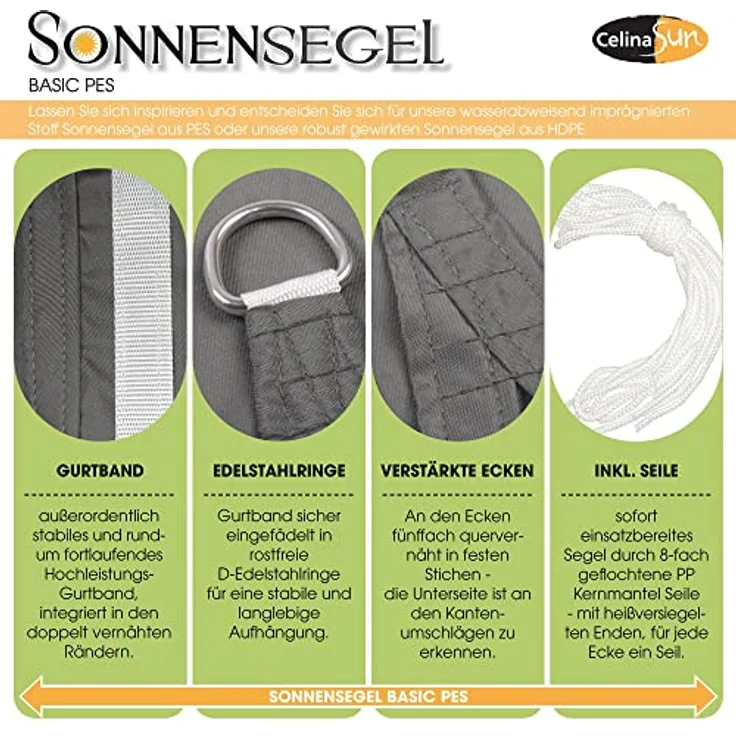 CelinaSun Sonnensegel inkl Befestigungsseile Basic Dreieck rechtwinklig 2,5 x 2,5 x 3,5 m cremeweiß Sonnenschutz wasserabweisend – Bild 2
