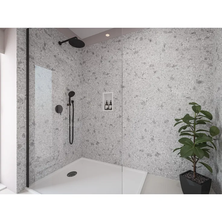Wetwall Duschrückwand Elite Terrazzo White, Einfache Montage ohne Bohren, Fugenfreies Design