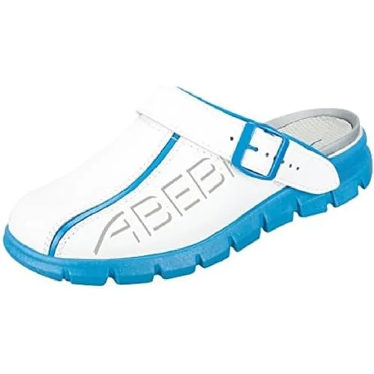 Abeba Berufsschuh-Clog Herren Abeba Dynamic Arbeitsschuhe, Weiß Blau mit Aufdruck, 43 EU, CE Zertifizierung, Rutschhemmende TPU-Laufsohle