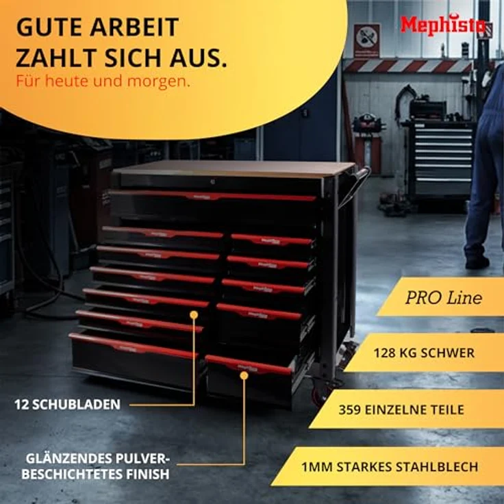Mephisto-Tools Werkstattwagen, Pro-Line 12 abschließbare Schubladen, CRV Werkzeug, schwarz/rot – Bild 4