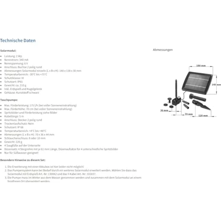 Esotec Solar Teichpumpe Springbrunnenpumpe WATERSPLASH 2/175 Komplett-SET 101010, Tauchpumpe mit Solarmodul und verschiedenen Wasserspielen, Esotec GmbH – Bild 11