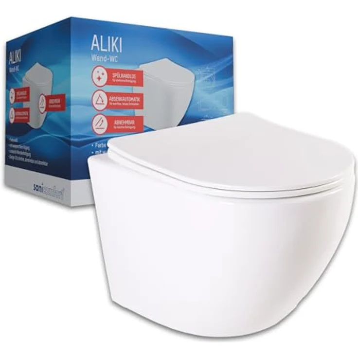 sanicomfort Hänge WC Set Aliki, Spülrandloses Wand-WC Tiefspüler aus weißer Sanitärkeramik, kompakt mit Soft-Close WC-Sitz – Bild 1
