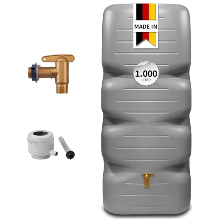 GARANTIA Regentonne CUBUS Komplett-Set 1000 L, betongrau, mit Auslaufhahn und Fallrohrfilter, witterungsbeständig und langlebig – Bild 1