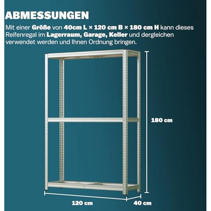 monzana Schwerlastregal, 2x Reifenregal für bis zu 8 Reifen, 795 kg Tragkraft, 3 höhenverstellbare Ebenen, vollverzinkte Stahlkonstruktion, inkl. Gummischutz, 180x120x40cm – Bild 5
