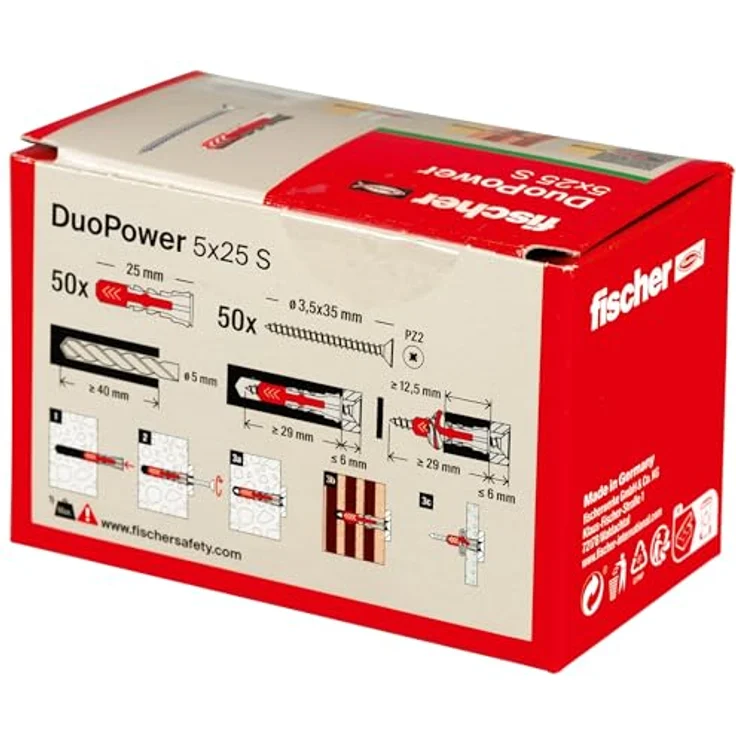 fischer DuoPower 5 x 25 S, Universaldübel mit Sicherheitsschraube, 2-Komponenten-Dübel für Beton, Ziegel, Stein, Gipskarton, 50 Dübel + 50 Schrauben – Bild 3