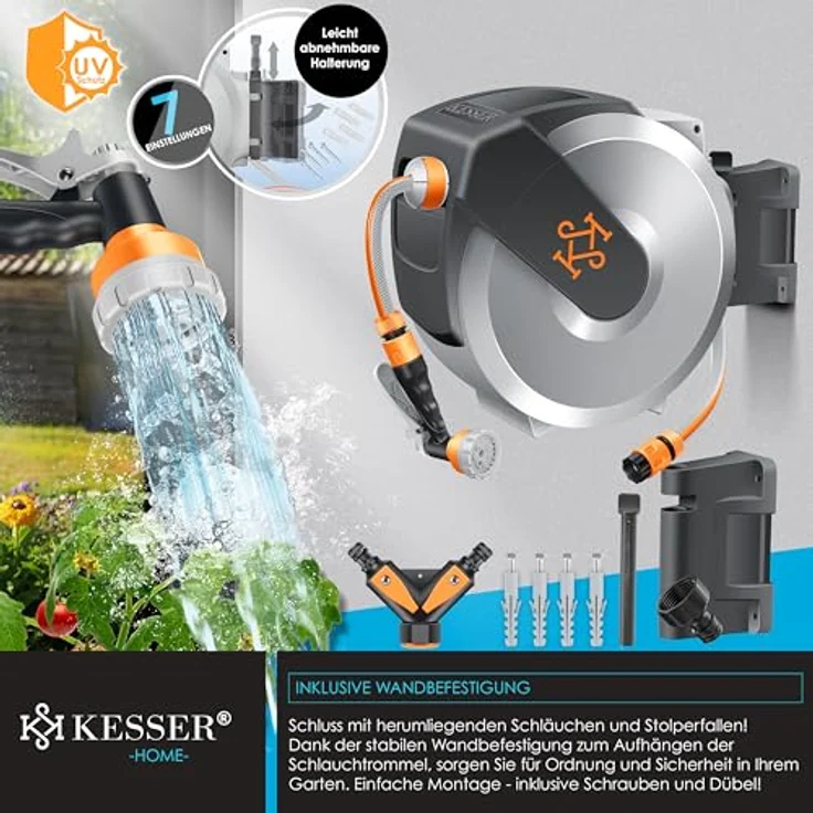 KESSER® Schlauchtrommel mit 20m Gartenschlauch, 180° schwenkbar, automatische Aufrollung, inkl. 7-Funktionen Handbrause, Wandmontage – Bild 3