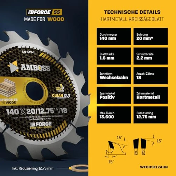 Amboss Werkzeuge HM Kreissägeblatt 170x30 20 Z24 Wechselzahn für Holz, passend zu Bosch GKS 55 ELU, DeWALT DW934 - Clean Cut Technologie, für professionelle Holzbearbeitung, rot – Bild 4