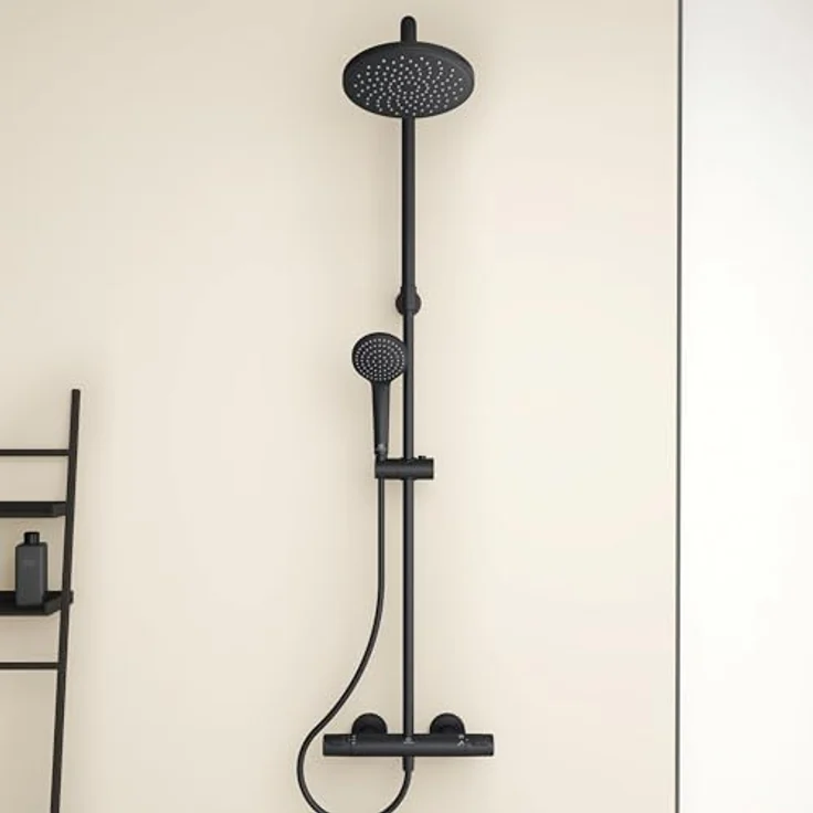 Ideal Standard Ceratherm T25 Duschsystem, Wassersparende Regenbrause mit 1-Funktionshandbrause und Verbrühschutz (CoolBody), Höhenverstellbar, Schwarz Matt – Bild 5
