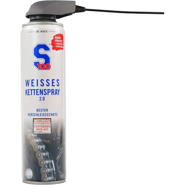 DR WACK S100 Weißes Kettenspray 2.0, 400 ml mit Haftkraft-Verstärker und optimalen Schmiereigenschaften (-30° bis +110°C)