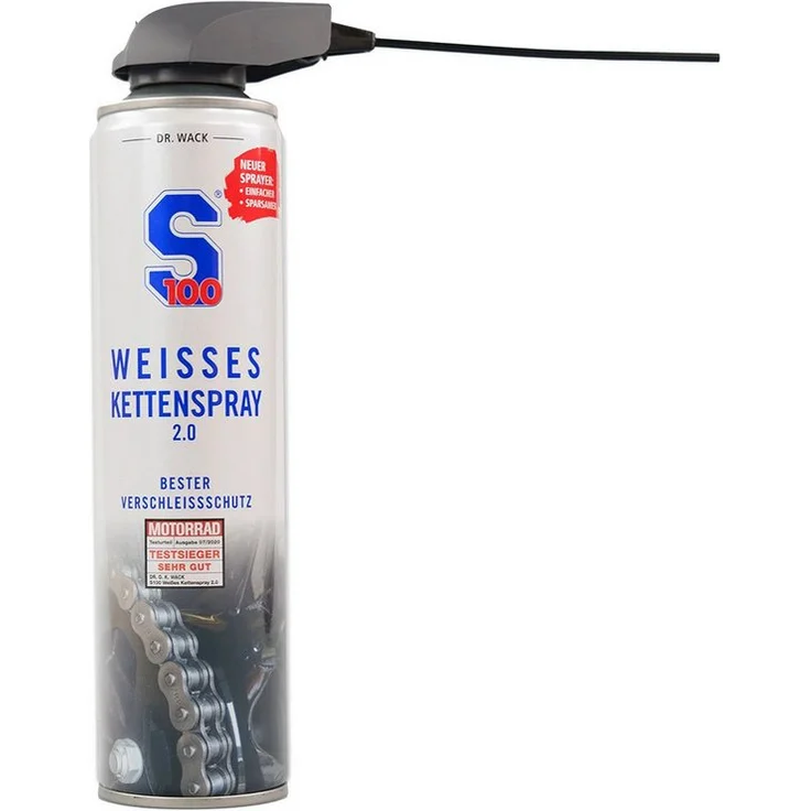 DR WACK S100 Weißes Kettenspray 2.0, 400 ml mit Haftkraft-Verstärker und optimalen Schmiereigenschaften (-30° bis +110°C)