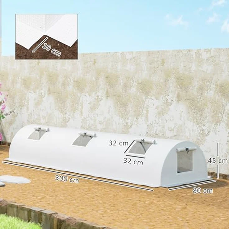 Outsunny Gewächshaus mit Rollfenster Runddach, Winterfest Foliengewächshaus aus Stahl wasserabweisend Treibhaus für Balkon Tomatenhaus mit UV Schutz 300x80x45cm Tomatengewächshaus für Gemüse, Weiß – Bild 5