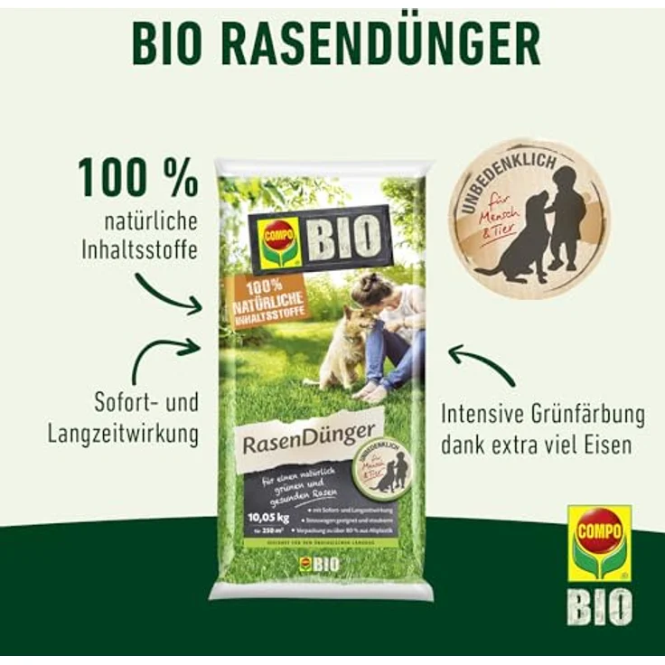 Compo Bio-Rasendünger 10,05 kg, 100% natürliche Inhaltsstoffe, für 250 m², sofort- und langzeitwirksam, staubarm, unbedenklich für Mensch und Tier – Bild 2