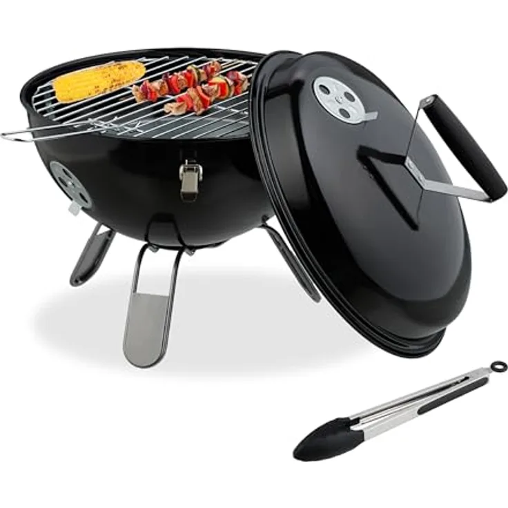 Relaxdays Kugelgrill tragbar Ø 37cm mit Grillzange, kompakte Größe, fixierbarer Deckel, Schwarz/Silber