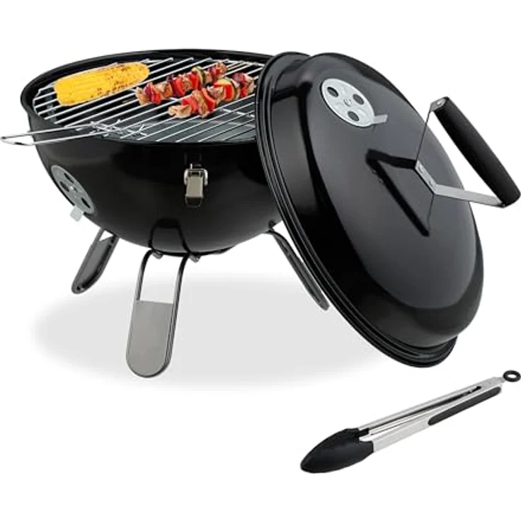 Relaxdays Kugelgrill tragbar Ø 37cm mit Grillzange, kompakte Größe, fixierbarer Deckel, Schwarz/Silber – Bild 1