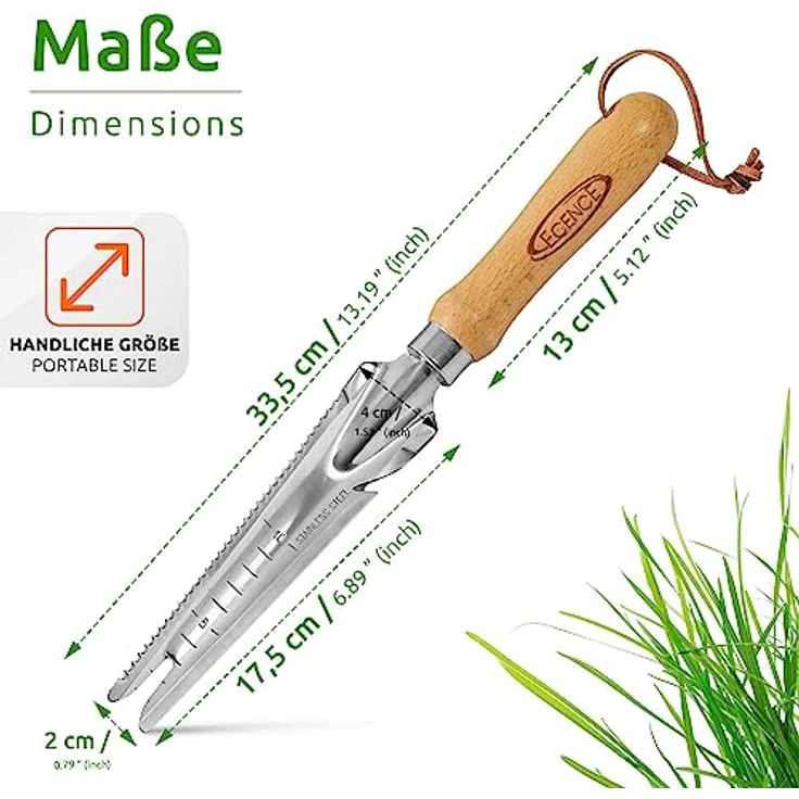 ECENCE 1x Unkrautstecher Edelstahl mit Pflanzfunktion Wurzeljäter mit Holzgriff Manueller Weeder zum Graben Jäten, Lösen Geschenk für Gärtner Gärtnerinnen 33,5cm – Bild 4