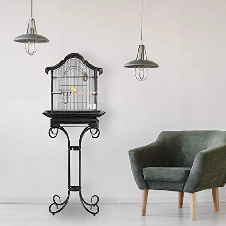 Relaxdays Vogelkäfig mit Ständer, Kanarien, Finken, Sitzstange, Futternapf, Exotenkäfig, HBT 146,5 x 55 x 50 cm, schwarz – Bild 3