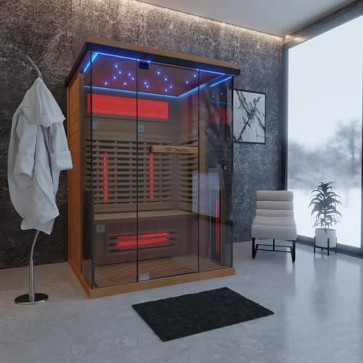 Dewello® Infrarotkabine KENORA 130x105, Infrarotsauna für 1-2 Personen aus Hemlockholz, Dual Therm, Salzsteinoptik – Bild 2