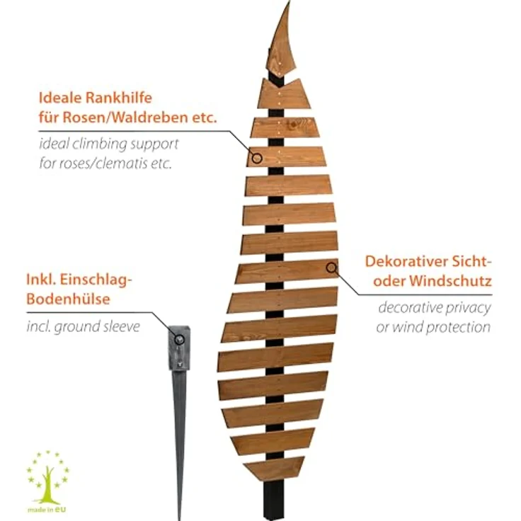 dobar® Green Label Rankhilfe Abstractus, zweifarbige Holz-Rankstütze in Blattform, 51 x 6 x 197 cm, mit stabiler Metall-Erdspieß für Kletterpflanzen – Bild 3