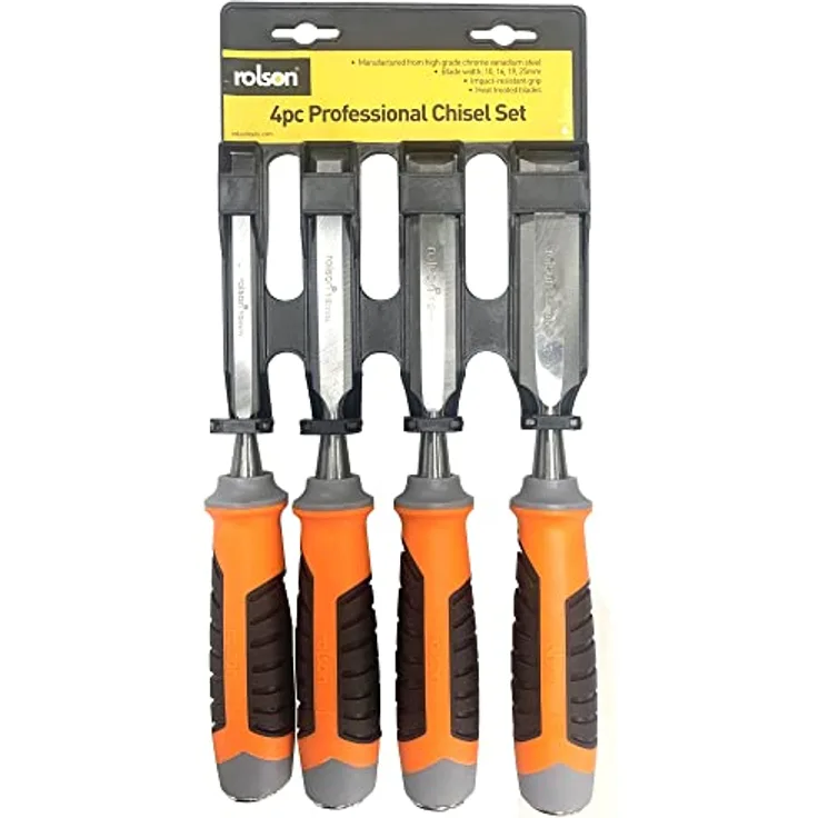 Rolson 56135 4-teiliges CRV-Holzmeißel-Set, Schwarz/Orange