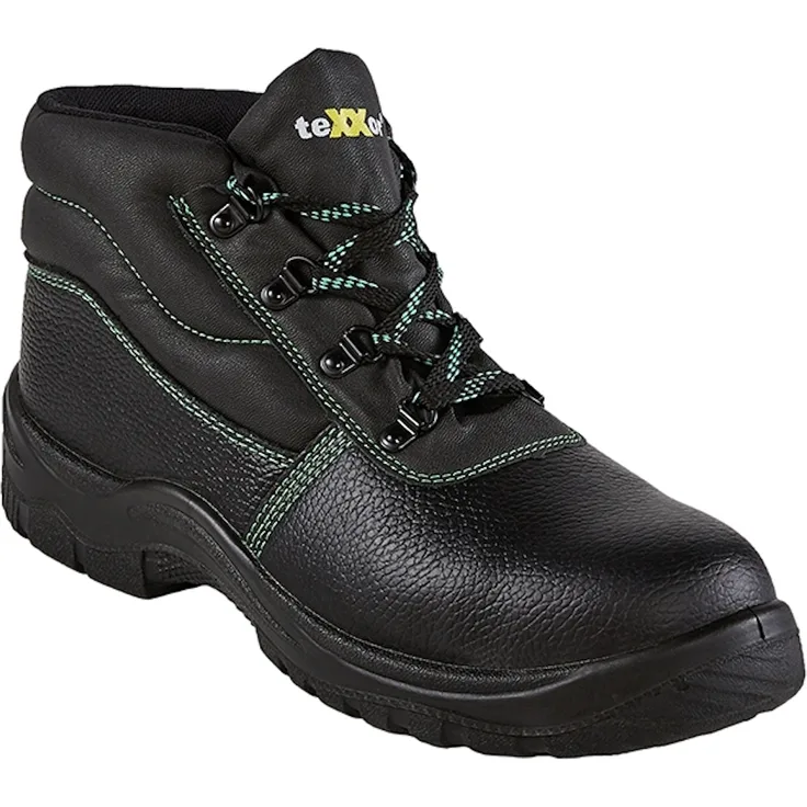 BIG Arbeitsschutz teXXor S3-Sicherheitsschnürstiefel MONACO, Sicherheitschuhe mit Stahlkappe, Schwarz/Grün, EN ISO 20345, SRC, Schnürverschluss, CE