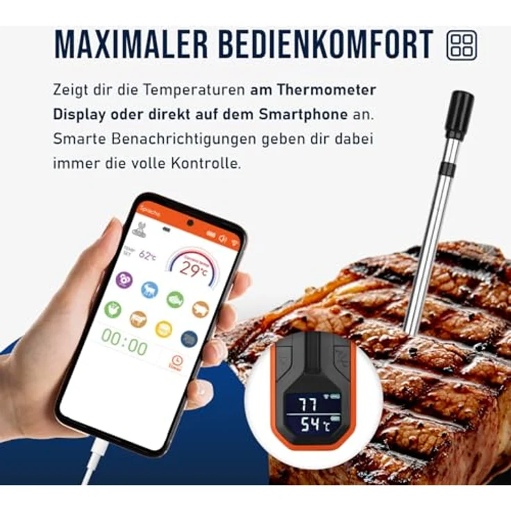 Fontastic Foca, kabelloses Fleischthermometer mit App, Edelstahl, Bluetooth, Temperaturbereich 0-275°C, IP67, für punktgenaues BBQ – Bild 4