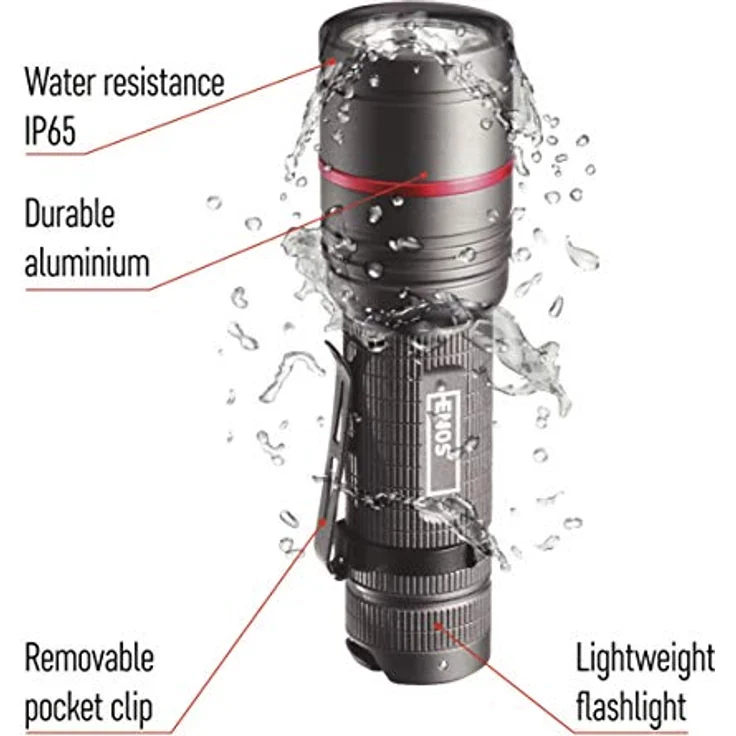 EMOS fokussierbare wasserdichte Taschenlampe, superhelle 340 lm CREE-LED-Handlampe mit 200 m Leuchtweite, robuste Metall-Taschenlampe mit Clip für Outdoor, Außen, Sport, schwarz, ULTIBRIGHT – Bild 3