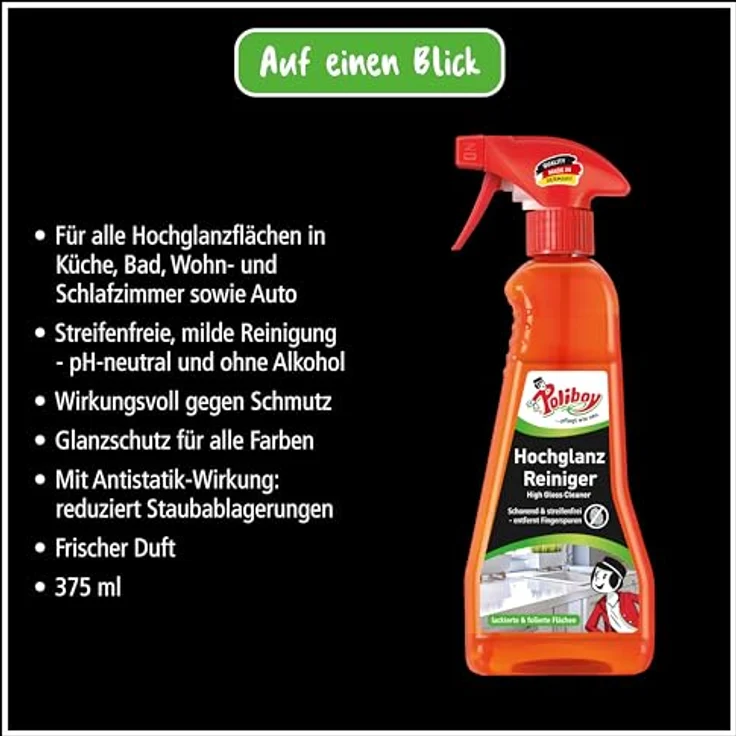 Poliboy - Hochglanz Möbel Reiniger - speziell für Hochglanzflächen - entfernt Fingerspuren schnell und streifenfrei - 2er Pack - 2x375 ml (750ml) - Made in Germany – Bild 7