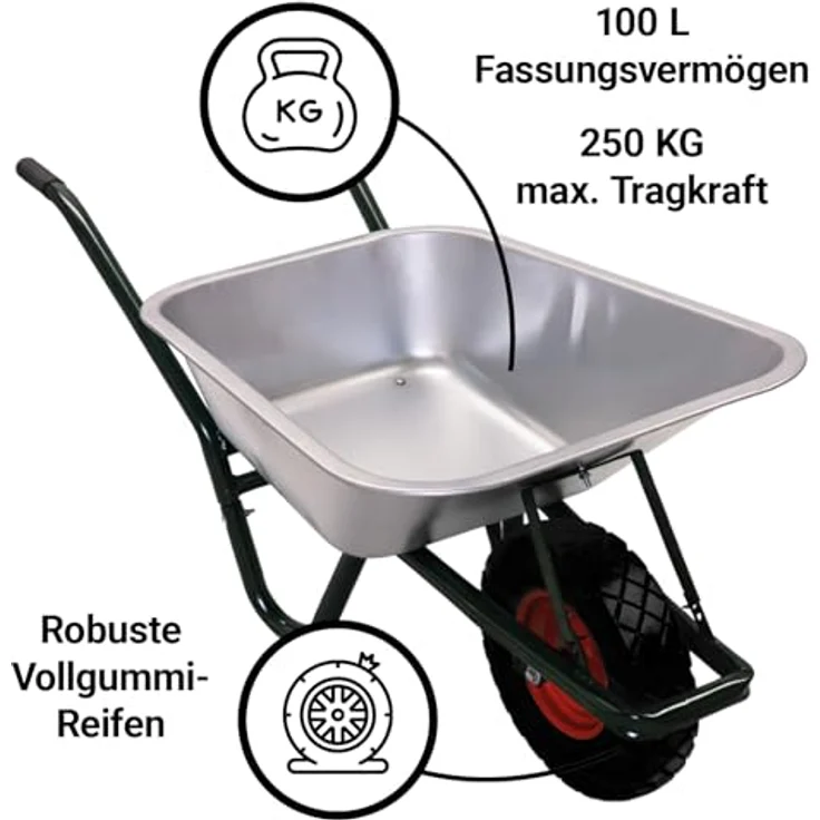 BITUXX® Schubkarre 100L, verzinkte Schiebkarre mit maximaler Zuladung von 250 kg, PU Rad 4.80/4.00-8, schwarz – Bild 2