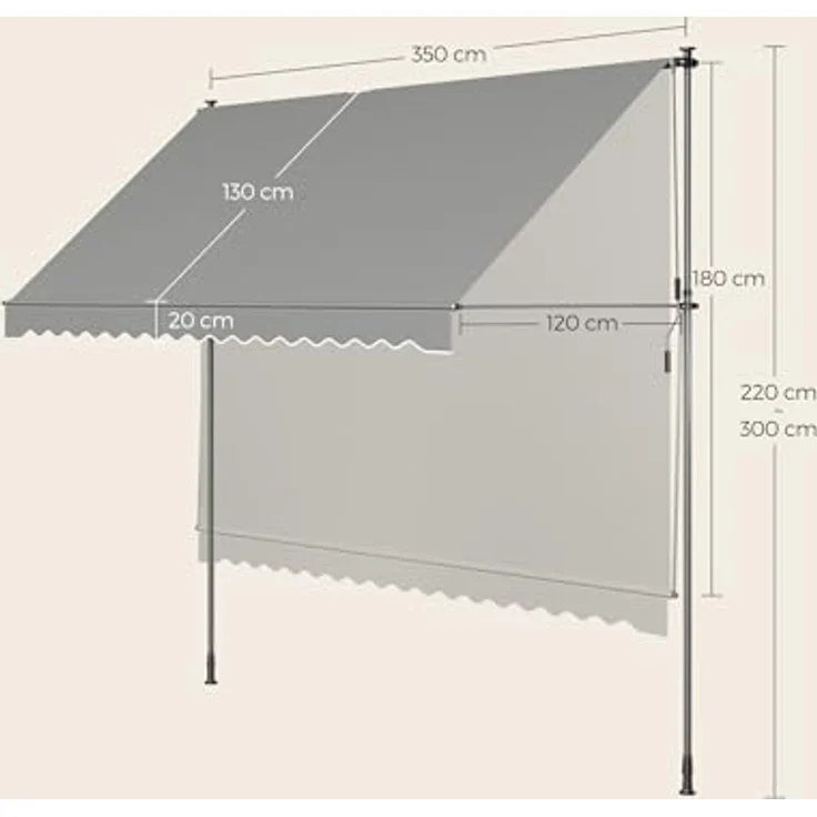 SONGMICS Klemmmarkise, höhenverstellbar, mit Handkurbel, Sonnenschutz, 350 x 120 cm, grau – Bild 5