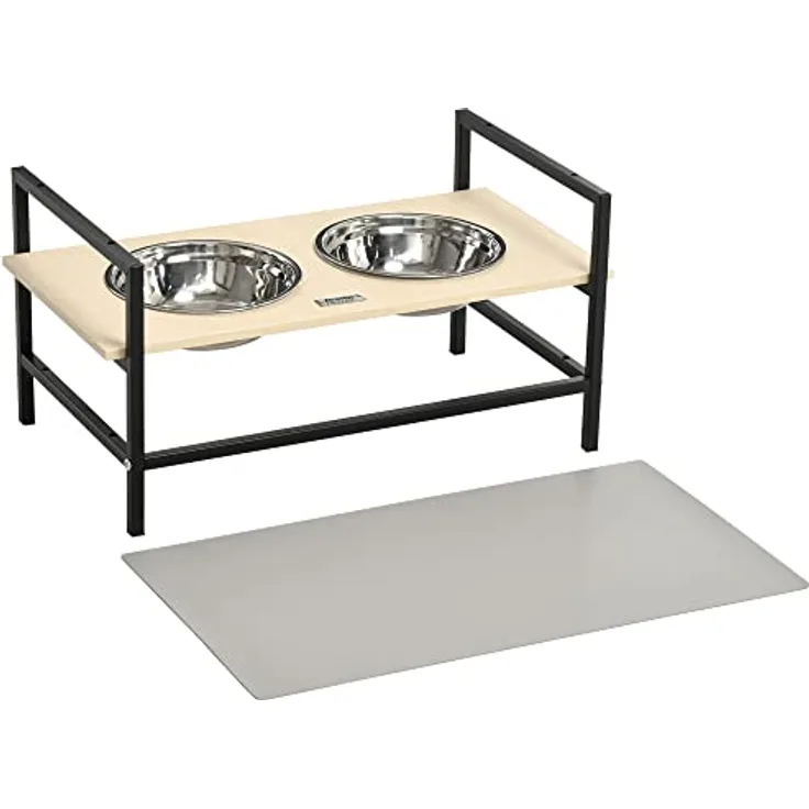 PawHut Erhöhtes Futterstation, Verstellbarer Futternapf, Hundenapf aus Edelstahl mit Futterständer, Hundematte, Futterschale für Kleine, Mittlere und Große Hunde