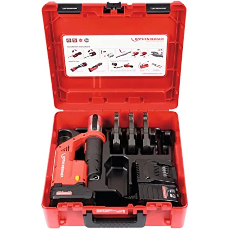 ROTHENBERGER 1000002117 ROMAX Compact TT Pressbackeset, Ladegerät EU, 2Ah Akku Kapazität, SV Pressbacken Kontur, 15mm-22mm-28mm Arbeitsbereich Durchmesser
