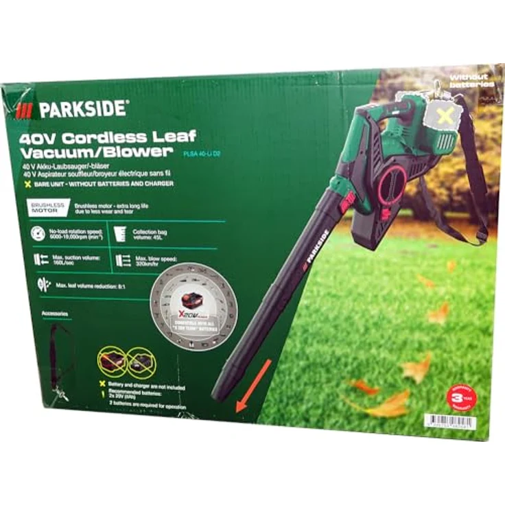 Parkside Akku-Laubsauger 40V Laubbläser PLSA 40-Li D2 (ohne Akku) - Bürstenloser Motor, 5-stufige Drehzahlregelung, 45-Liter-Fangsack, ergonomischer Hauptgriff – Bild 3