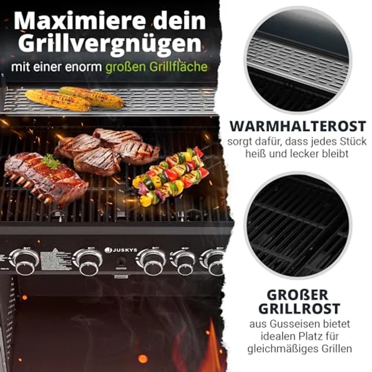 Juskys BBQ Gasgrill Savannah - 4 Brenner und 1 Seitenbrenner - XXL Stahl Gas Grill mit Gusseisen Grillrost, Kochfeld, Unterschrank für Gasflasche – Bild 3
