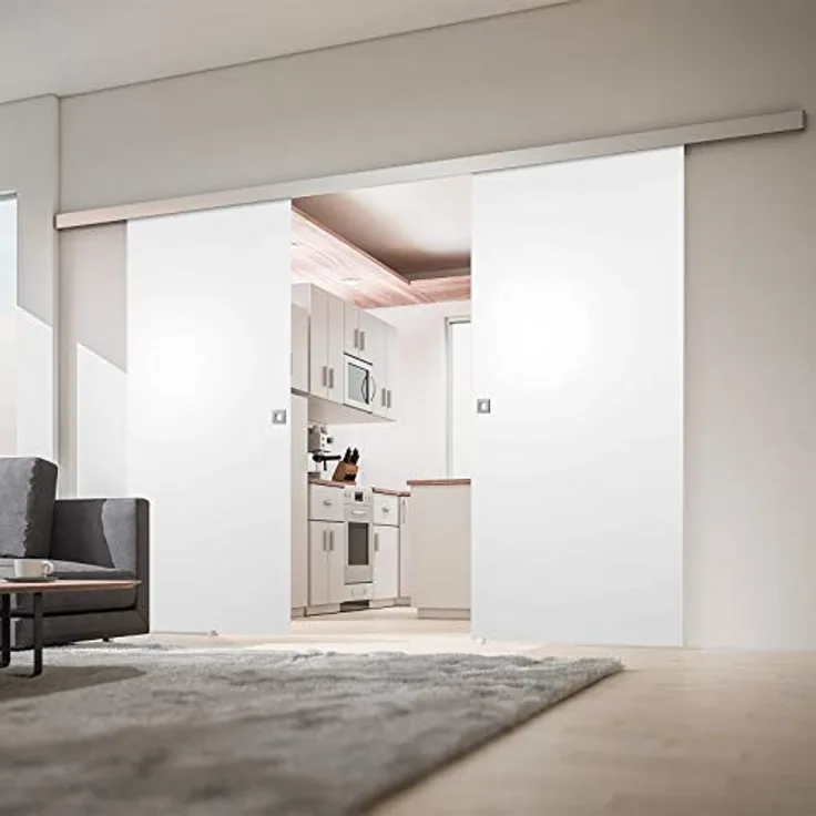 inova Holz-Schiebetür 2 Flügel Weiss 1760 x 2035 mm, Alu Komplettset mit Lauf-Schiene und Quadratgriff, wartungsfreie Kugellager