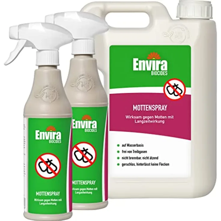 Envira Motten-Spray, 2x 500 ml + 2 Liter - Mittel gegen Motten, Kleidermotten, Lebensmittelmotten mit Langzeitwirkung - Spray auf Wasserbasis, geruchlos
