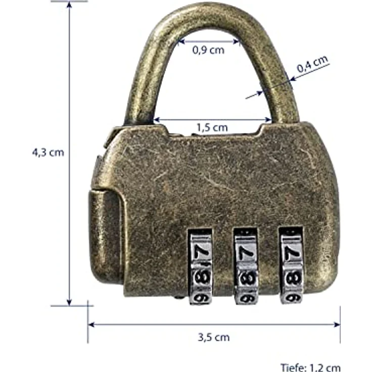 HMF Vintage Deko Zahlenschloss Vorhängeschloss | 3-Stellig | 4,3 x 3,5 x 1,2 cm | Gold – Bild 2