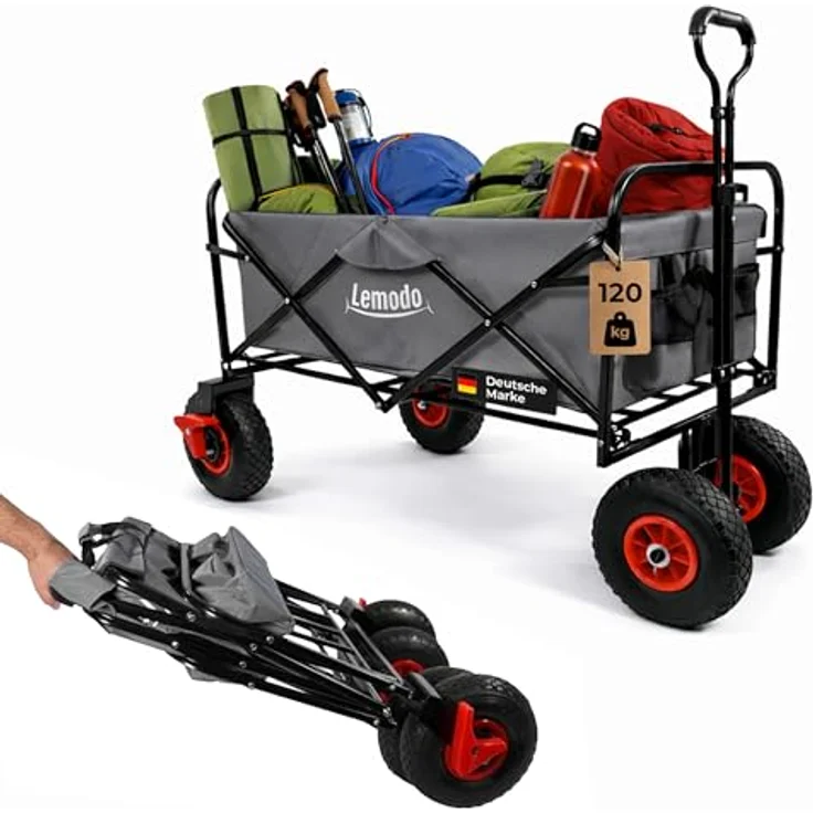 Lemodo Bollerwagen Faltbar mit Luftreifen, 120 kg Tragkraft, klappbarer Handwagen in grau für Strand, Camping & Garten – Bild 1