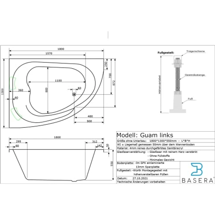 Basera® Whirlpool-Badewanne CLASSIC Indoor Eck-Whirlpool Badewanne Guam Li. 180x130cm für 2 Pers., (Komplett-Set), mit 25 Massagedüsen, Wasserfall, LED, Touchpanel, Bluetooth und Radio – Bild 6