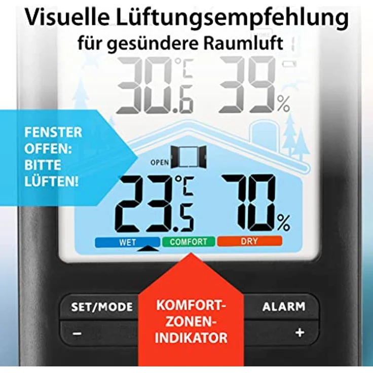 ADE Wetterstation Funk mit Außensensor und Funkwecker | mit Lüftungsempfehlung | Hygrometer, Thermometer | 2 Weckzeiten | animierte Wettervorhersage | Schlummerfunktion | LCD-Farbdisplay - Preisvergleich – Bild 4
